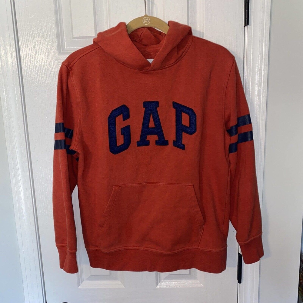 Gap Navy Blue Orange Logo Spellout Pullover Hoodie Boys Kids XXL